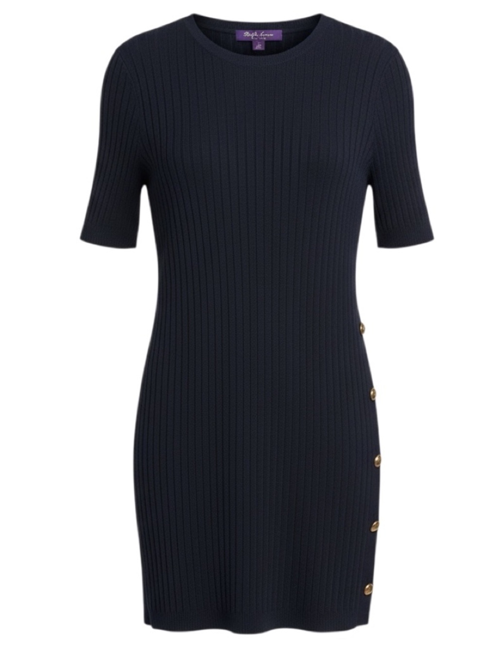 Ralph Lauren Purple Label Navy Ribbed Short Sleeve Midi Dress with Side Buttons